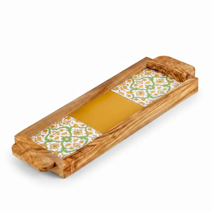 olive wood wood and ceramic rectangular tray