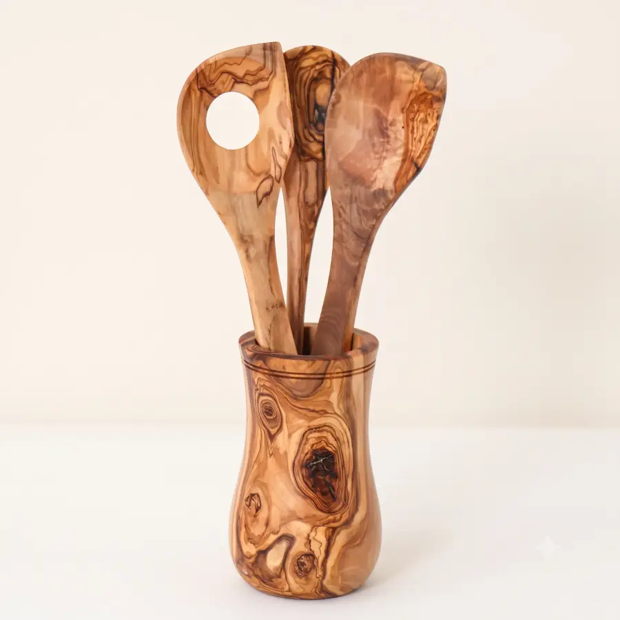olive wood utensils holder for 3 spoons (holder only)