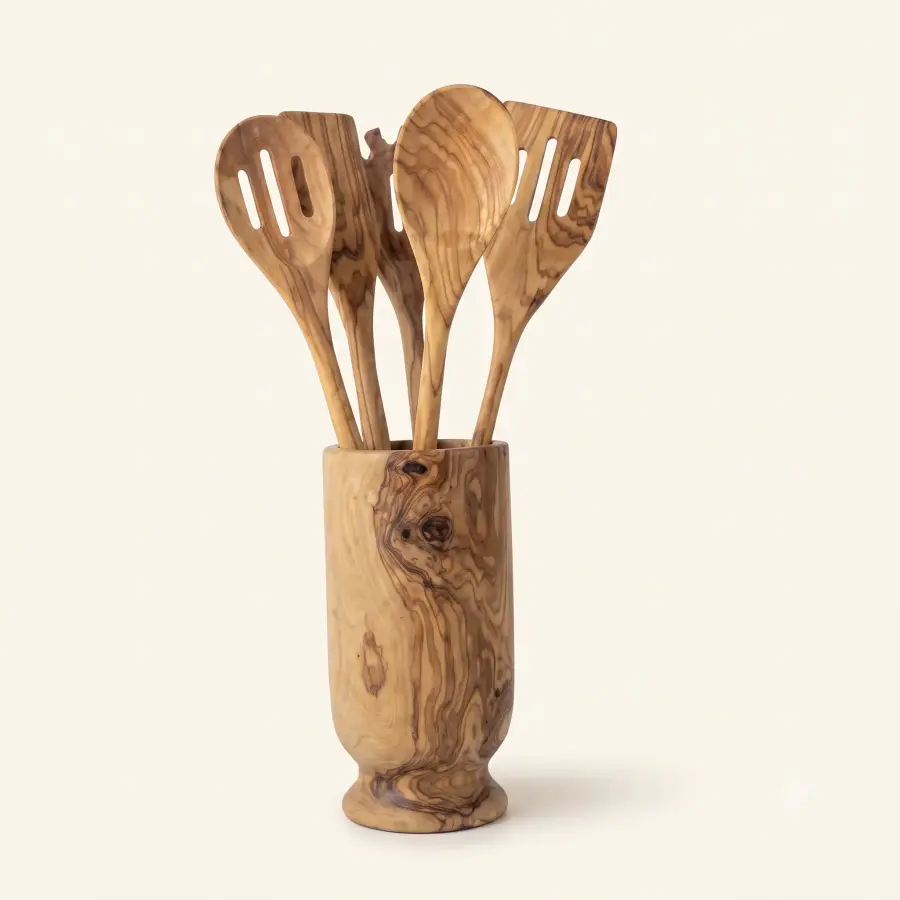 olive wood round utensils holder (holder only)