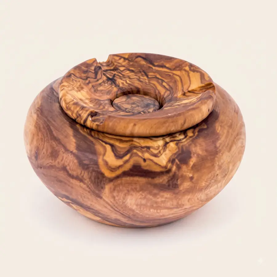 olive wood bowl shape ashtray with cover