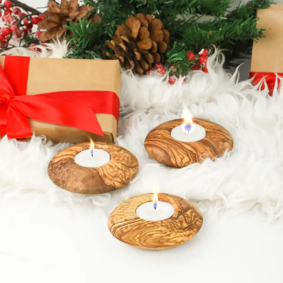 olive wood round shape candle holder