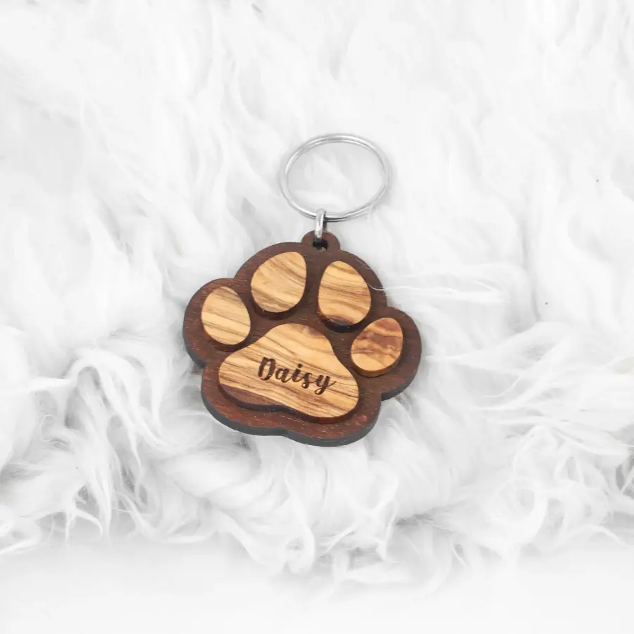 olive wood paw print keychain