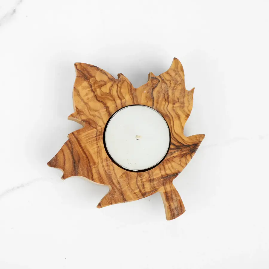 olive wood leaf shape tea light candle holder
