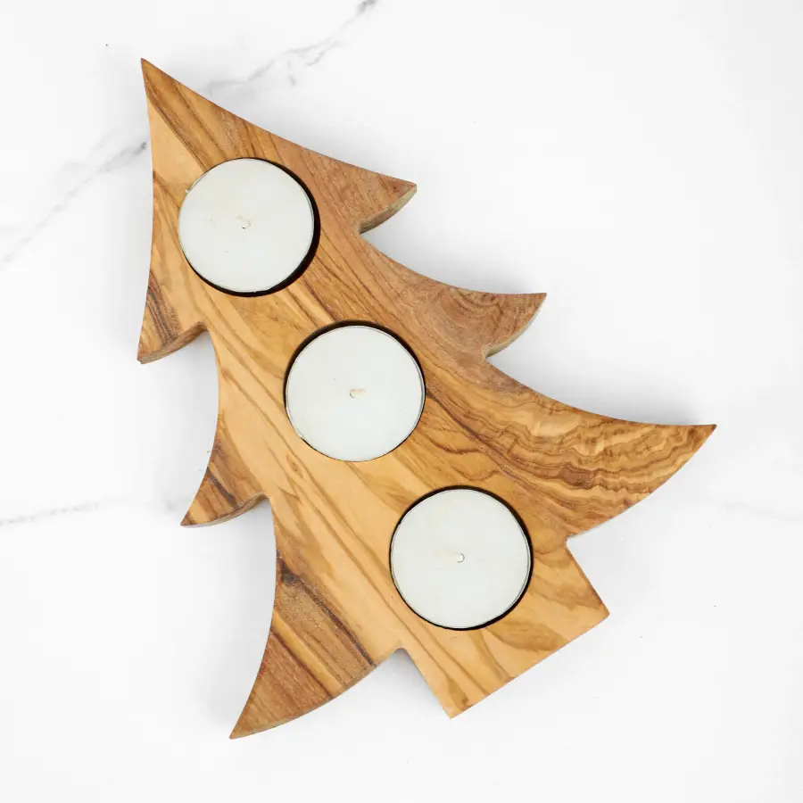olive wood tree shape tea light candle holder