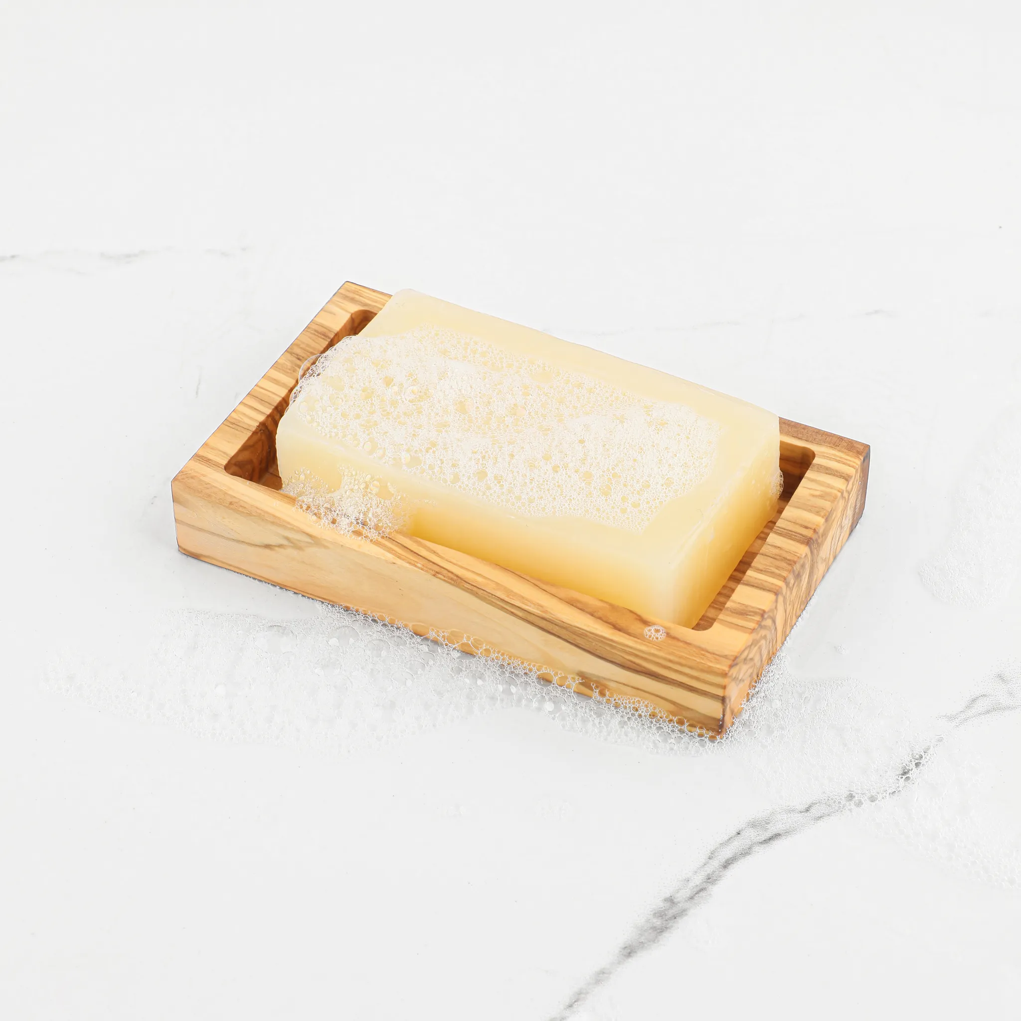 olive wood rectangular shape slotted soap holder