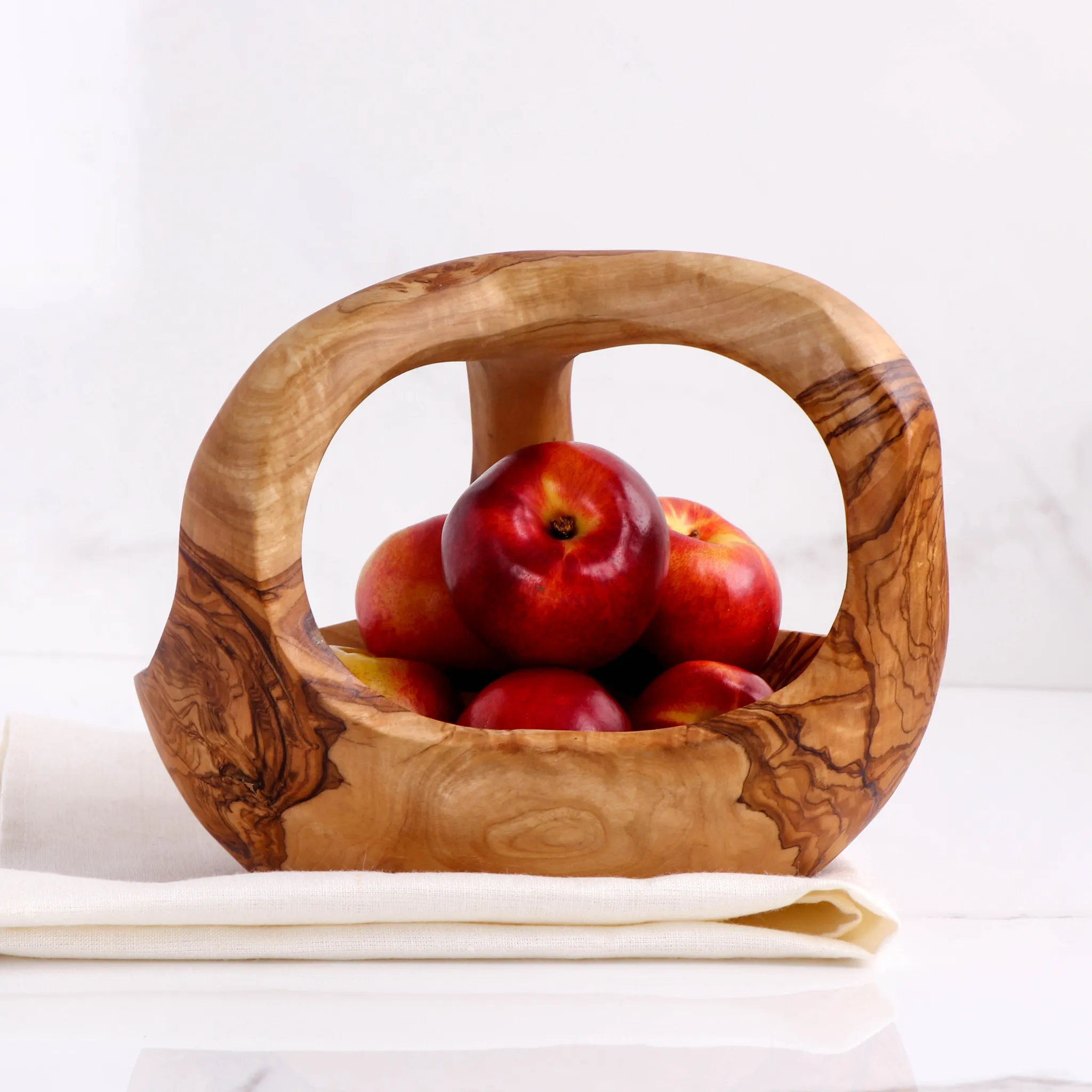 olive wood fruit basket with 3 handles