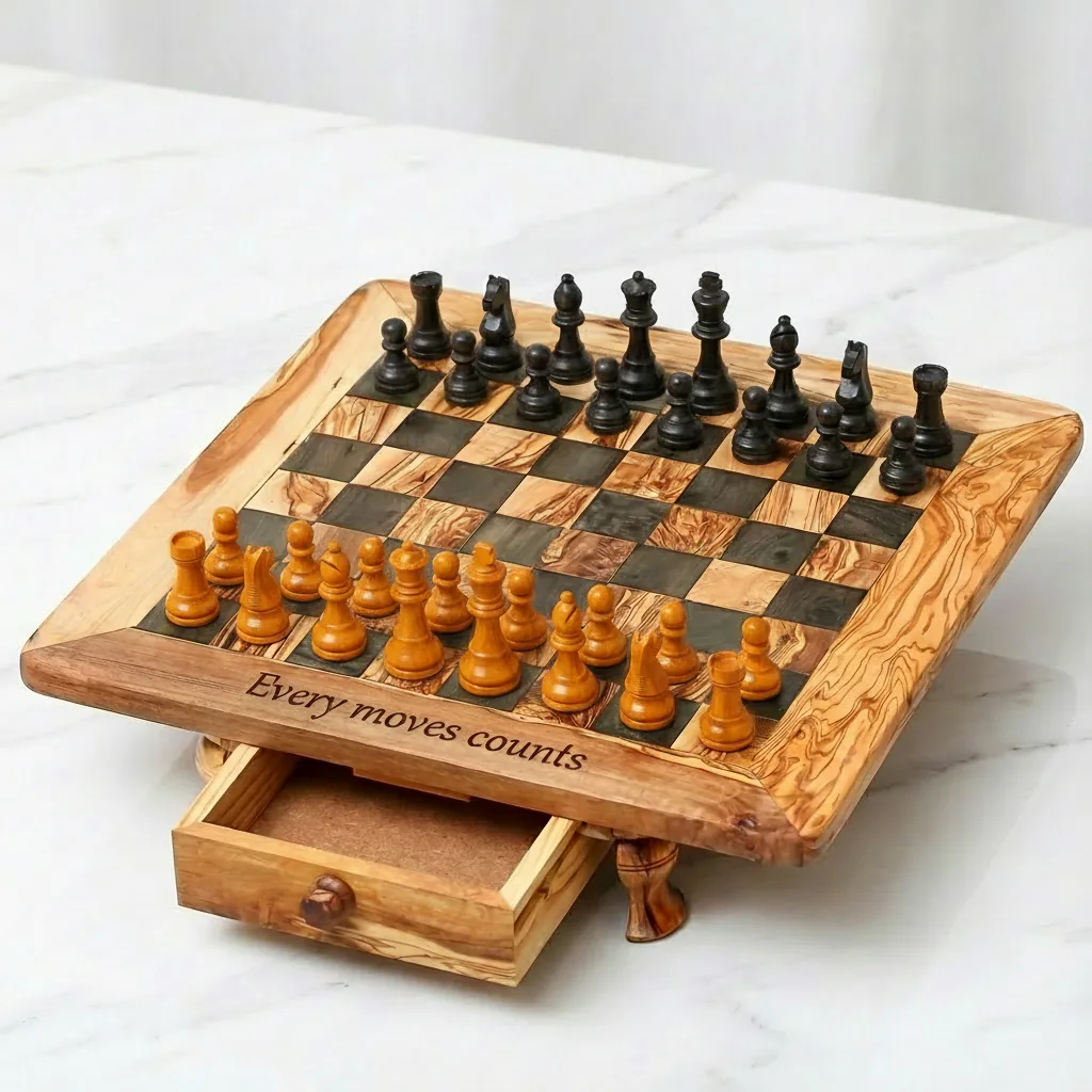 olive wood rounded edge square chess board with legs and drawers