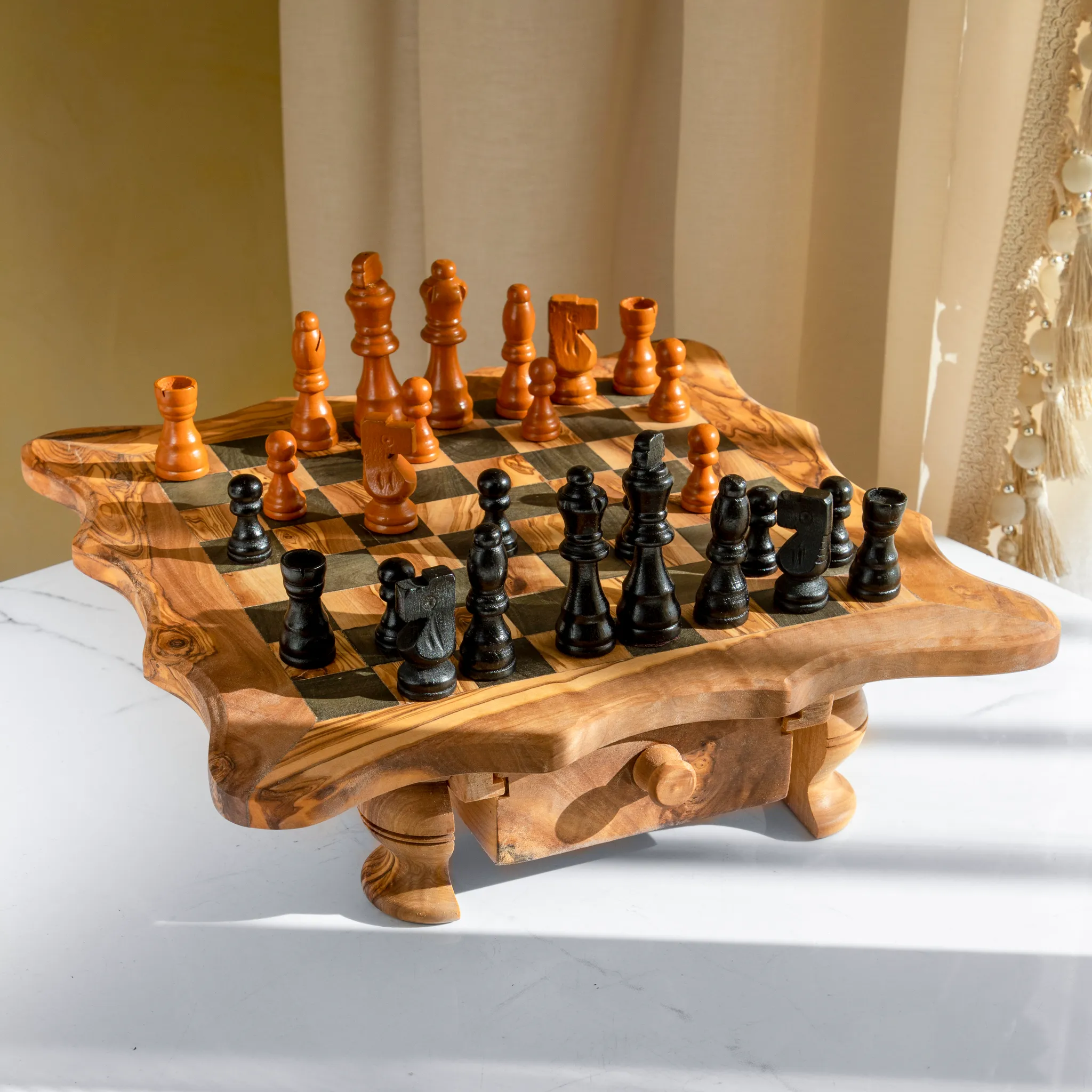 olive wood wavy shape chess board with legs and drawers (black squares)