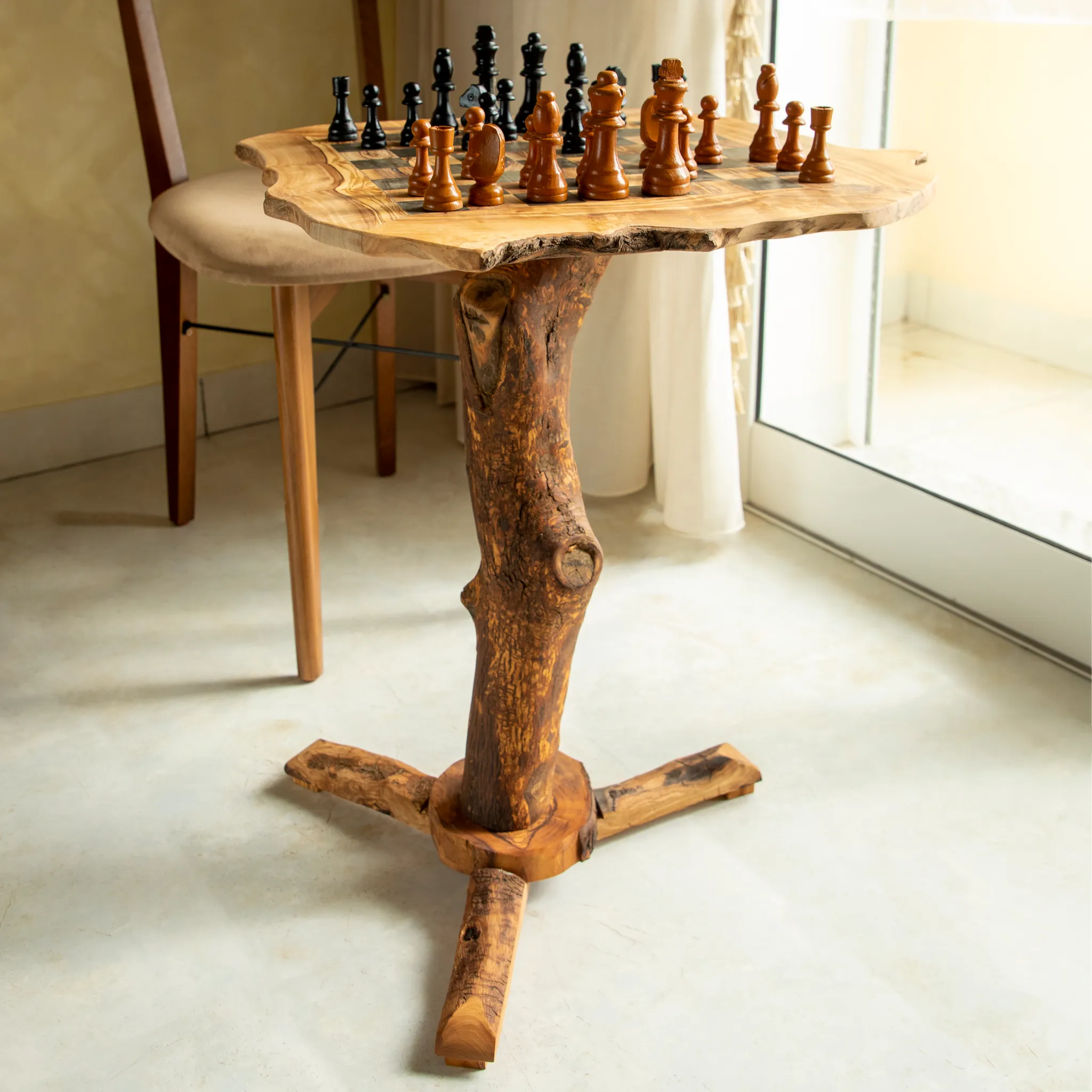 olive wood irregular shape rustic chess table