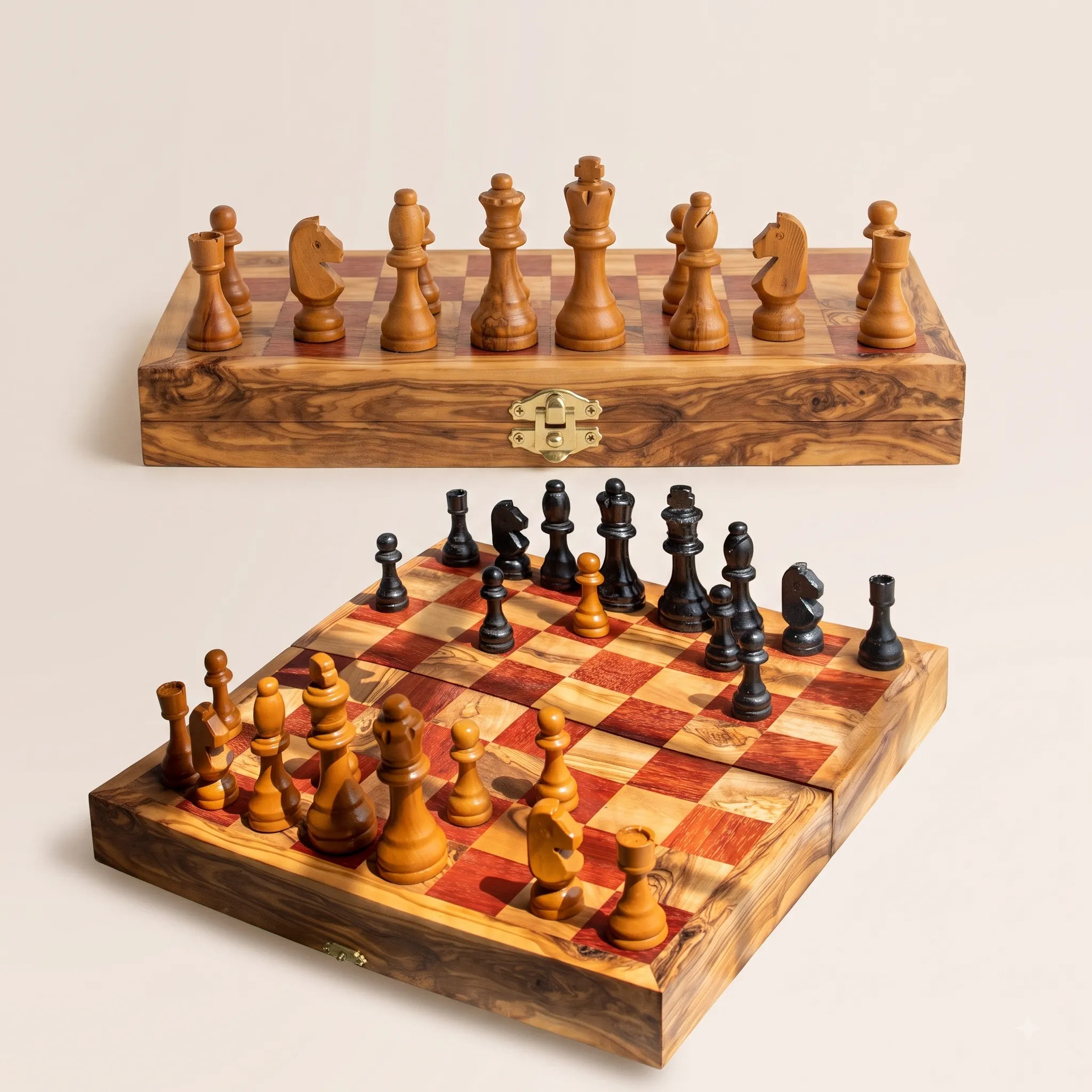 olive wood foldable travel chess set (red squares)