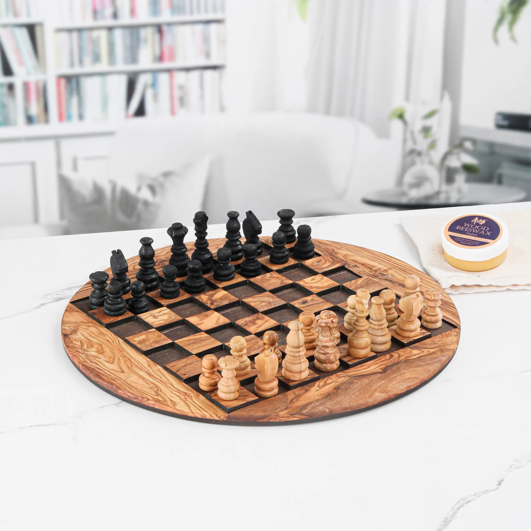 olive wood round chess board with embossed squares