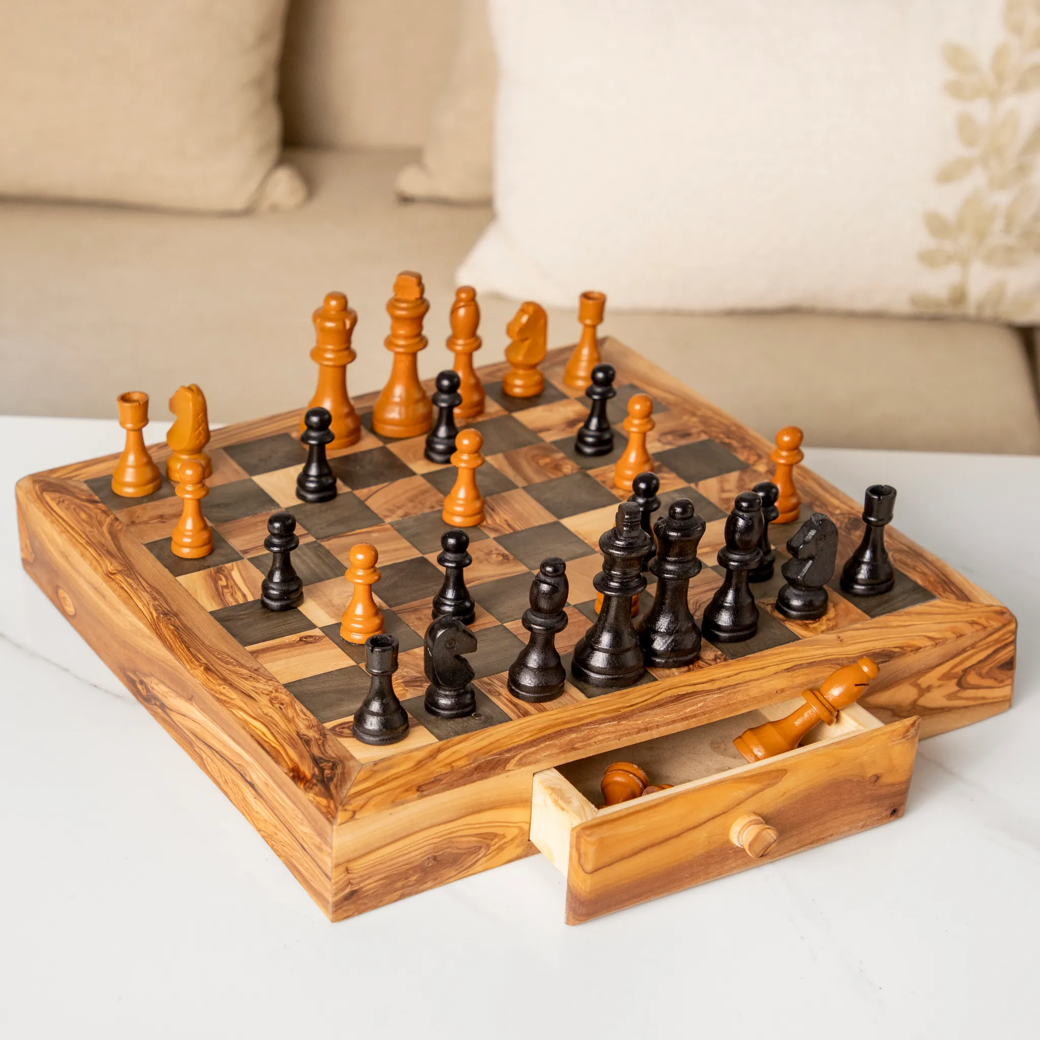 olive wood square chess set with 2 storage drawers