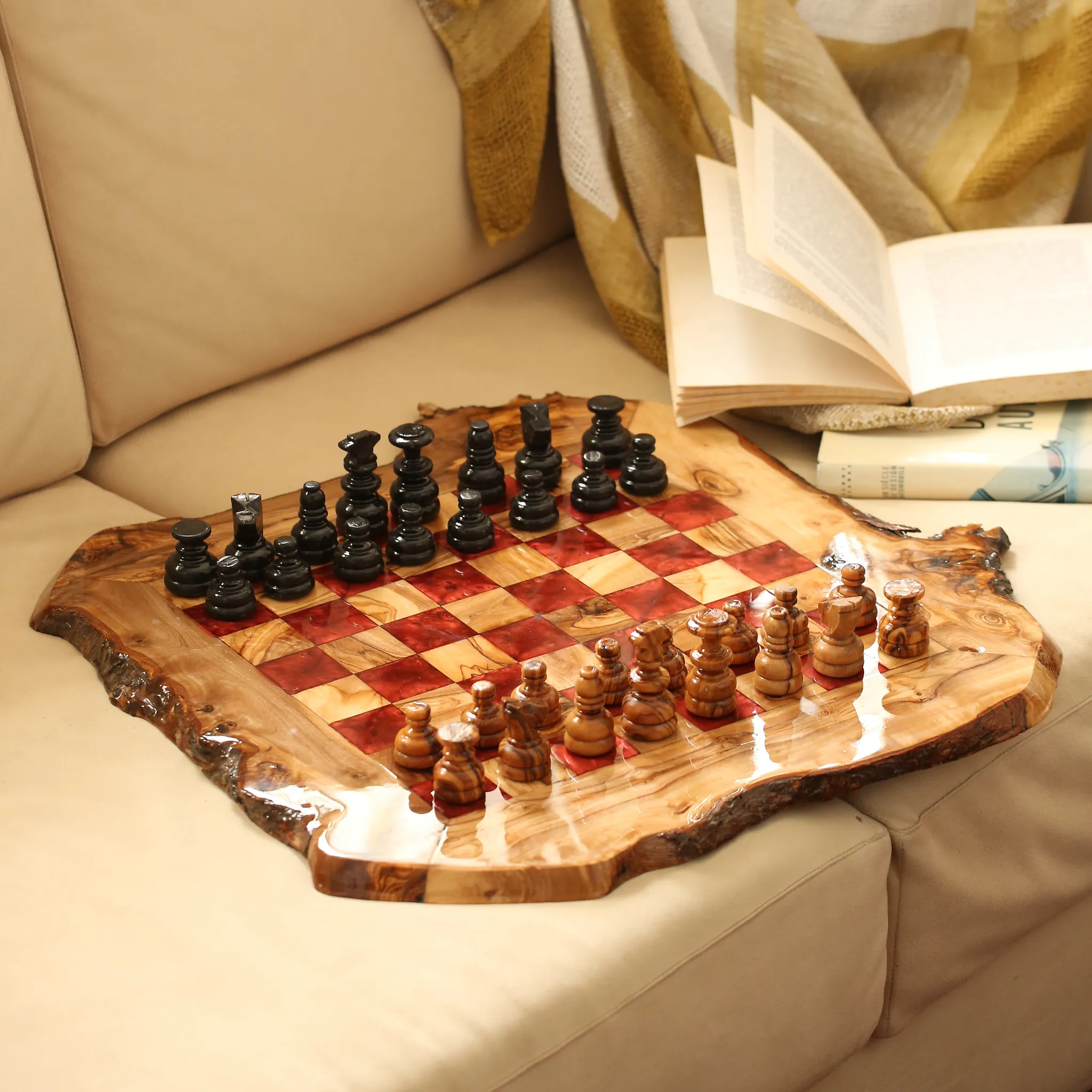 olive wood wood and resin rustic chess board (red squares)