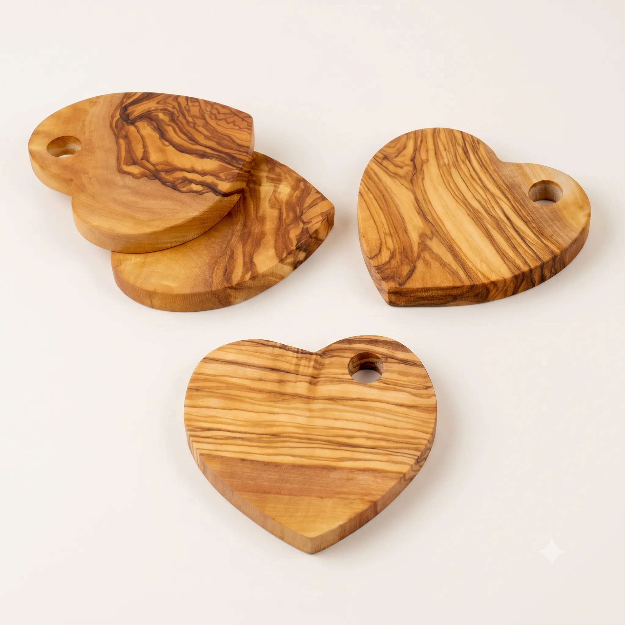 olive wood set of 6 heart-shaped coasters with holder