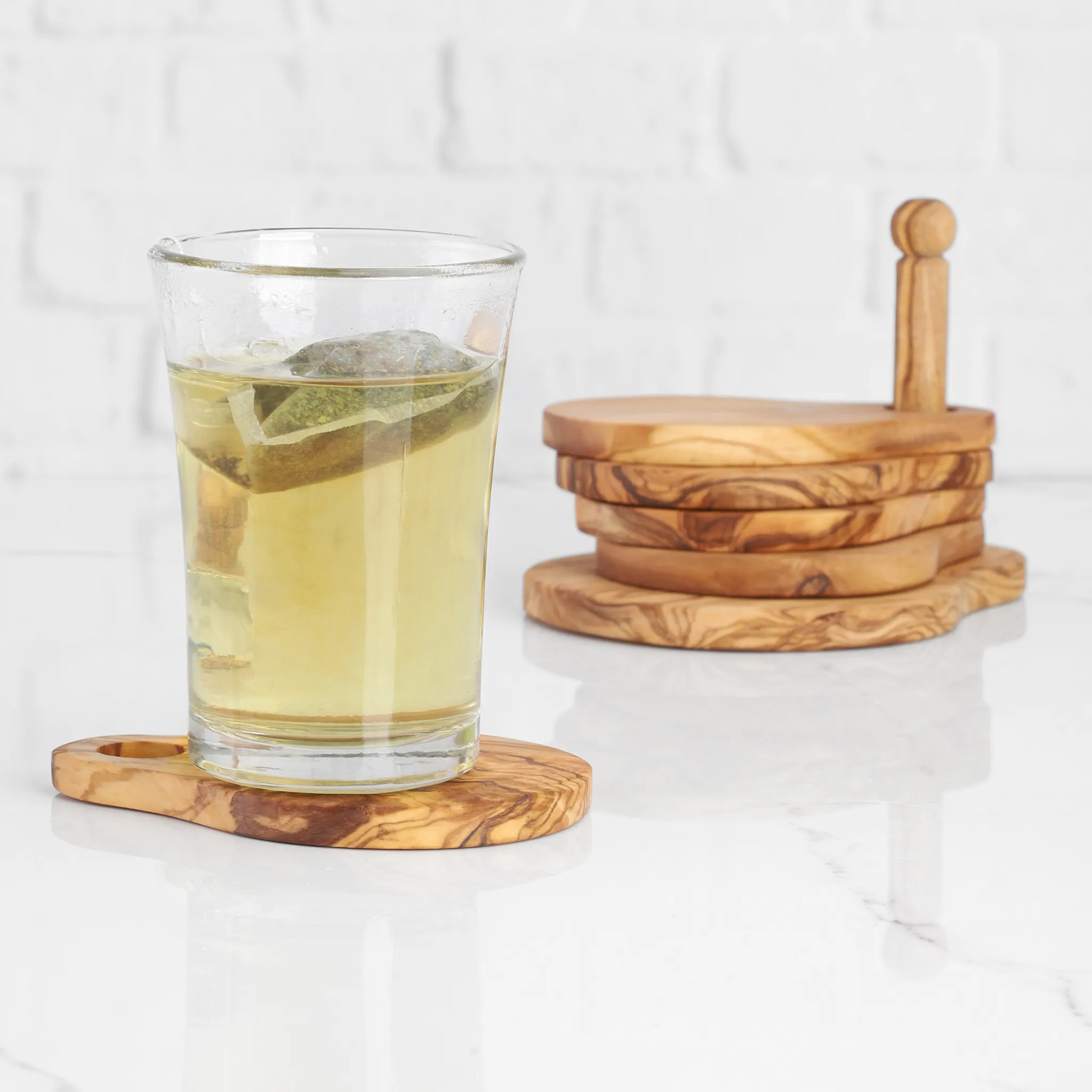 olive wood set of 5 coasters with holder