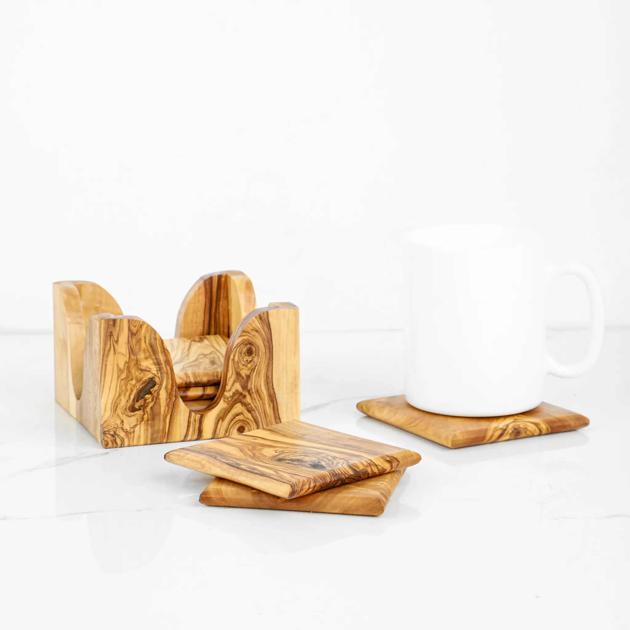 olive wood square shape coasters with holder