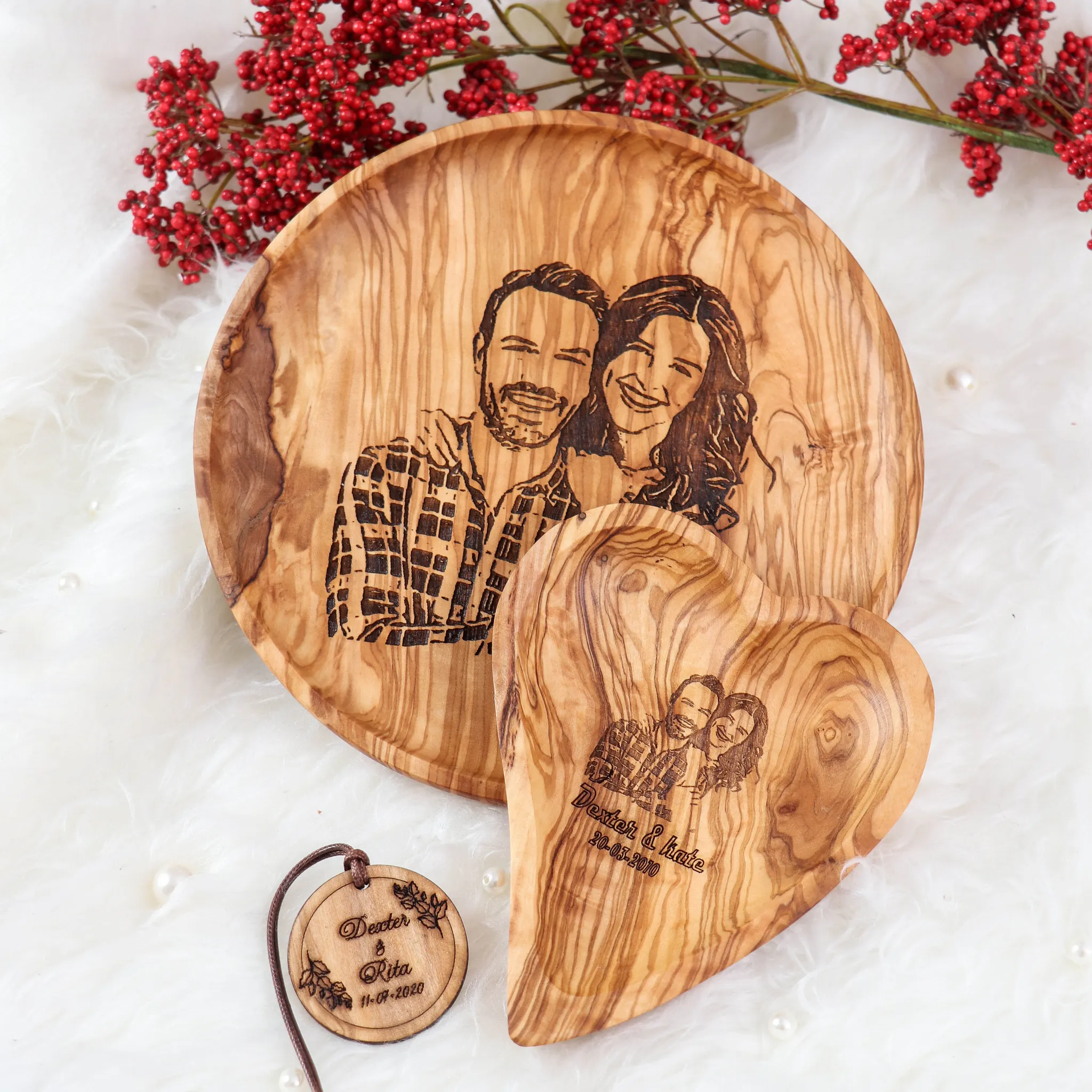 olive wood round shape customized wedding memory