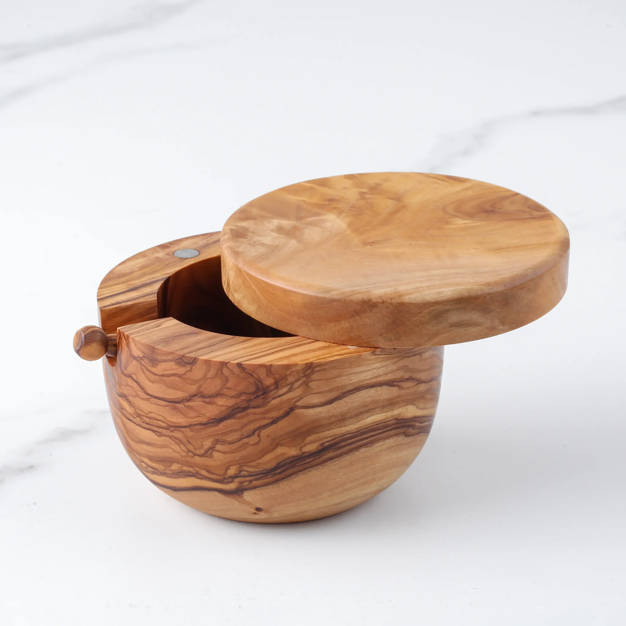 olive wood salt cellar with magnetic lid and spoon