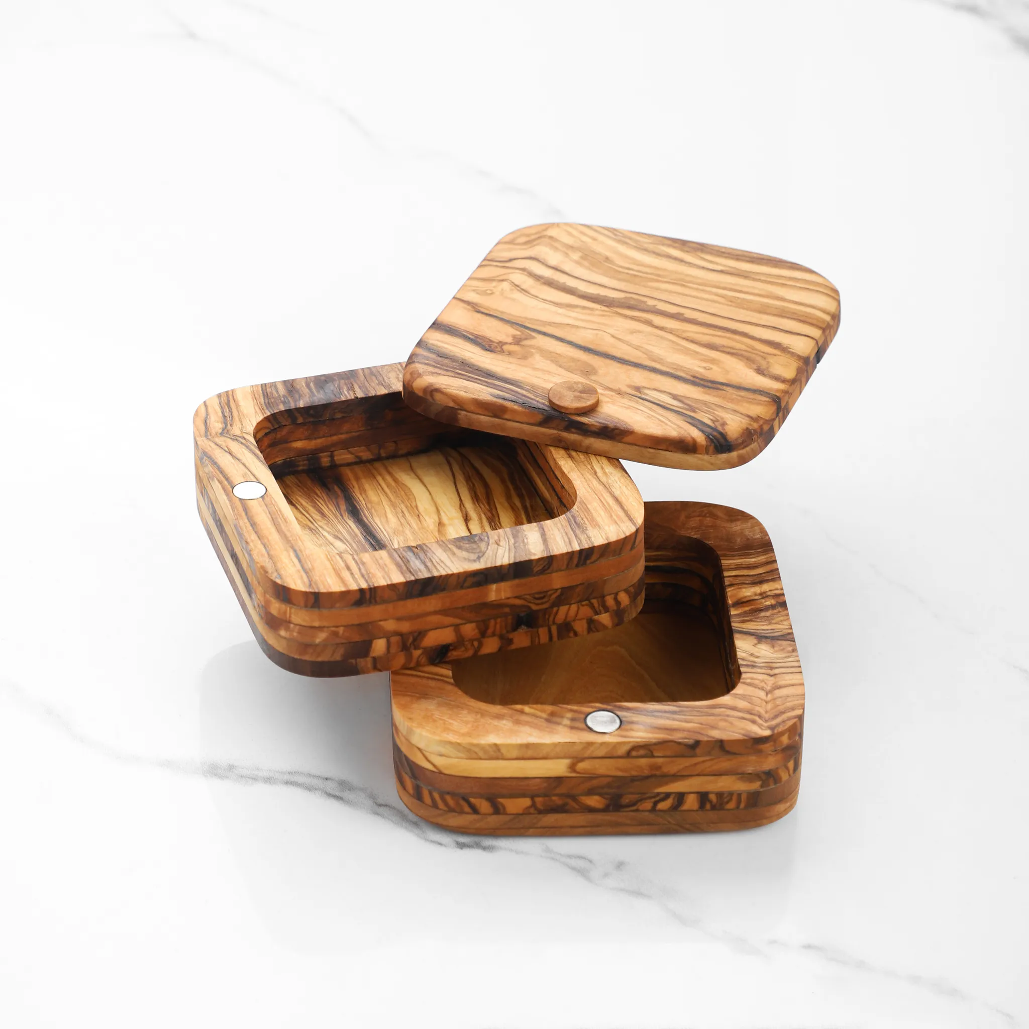 olive wood double-compartment salt cellar with pivoting lid (laminated)