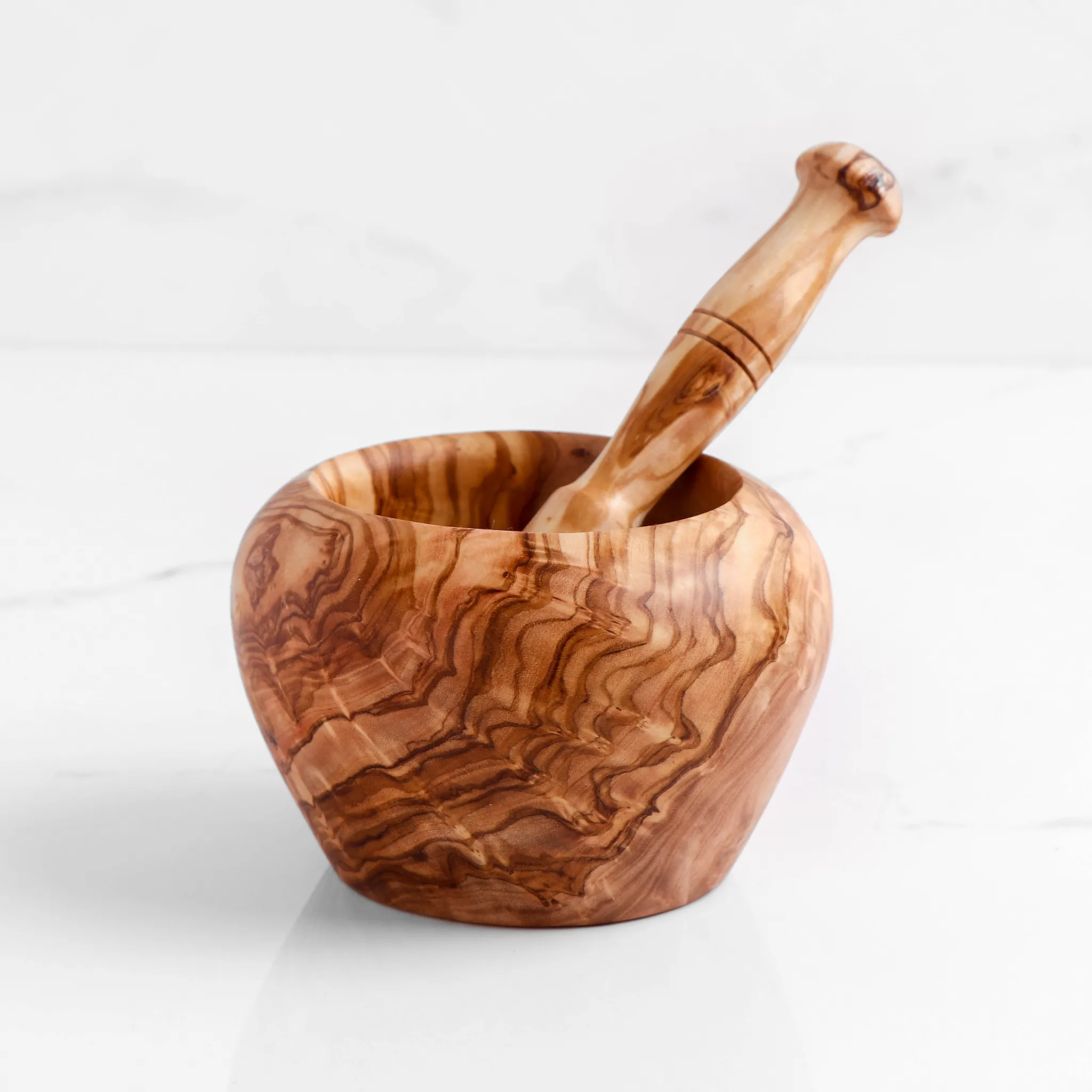 olive wood round surface mortar and pestle