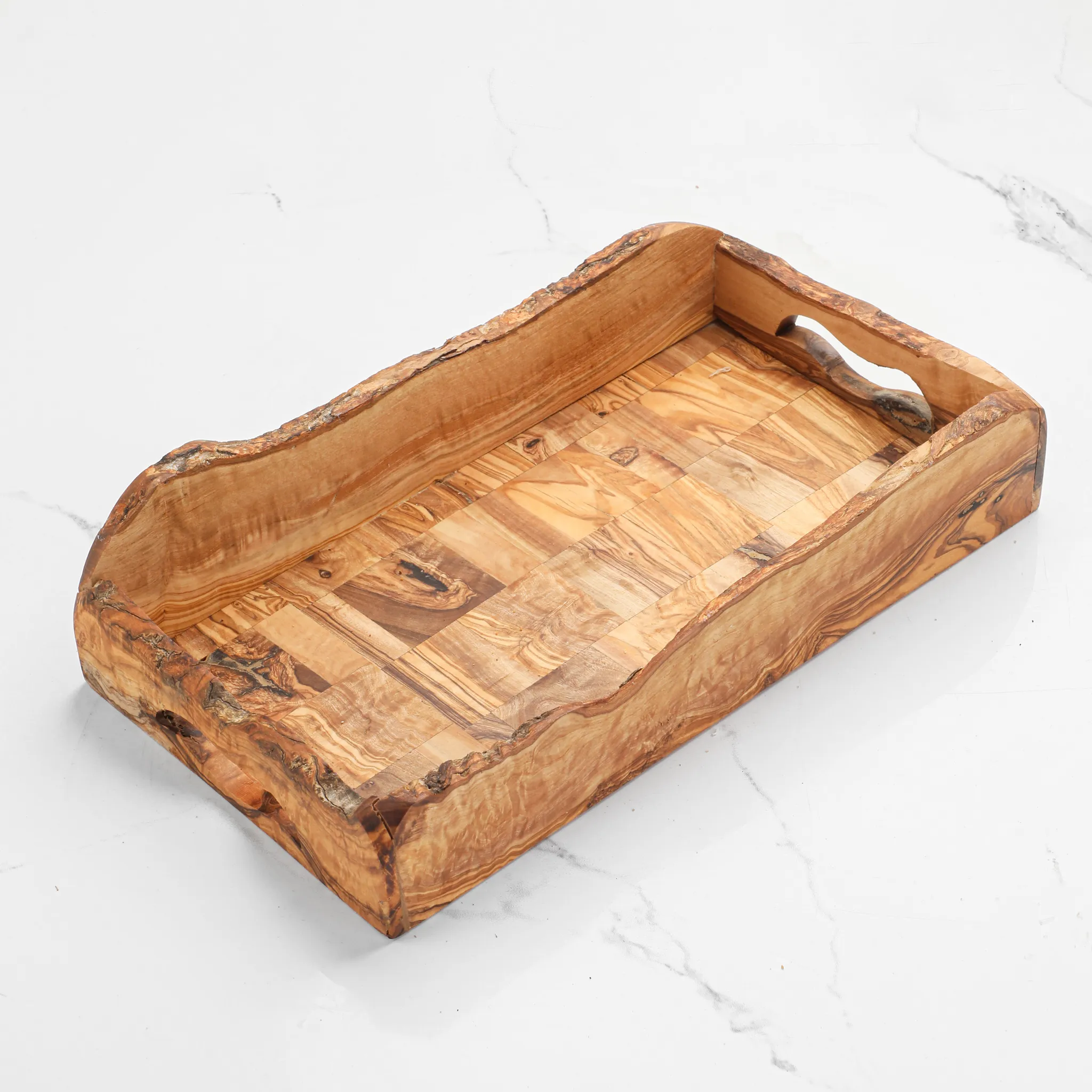 olive wood rectangular rustic serving tray with handles