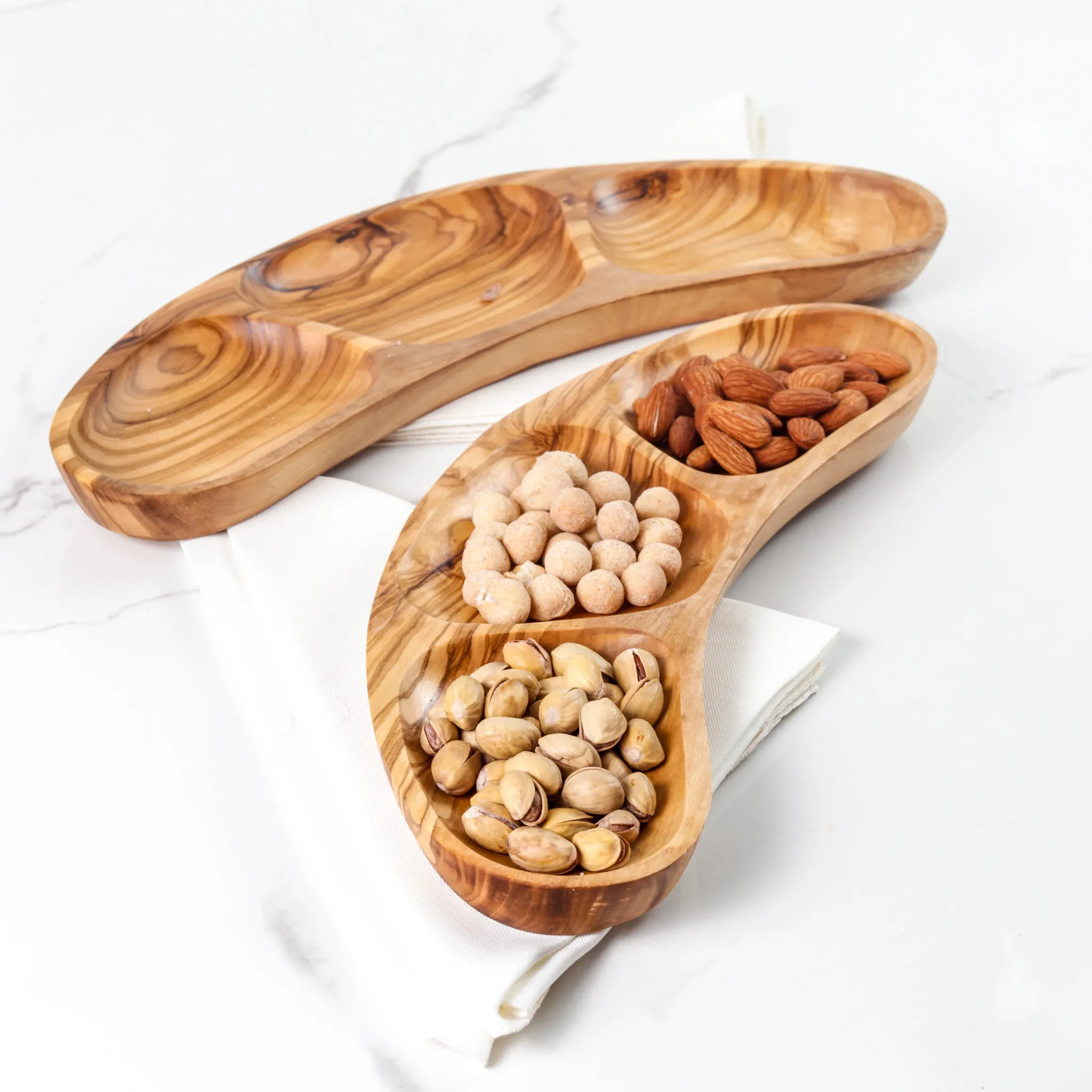 olive wood 3 sections crescent shape dish