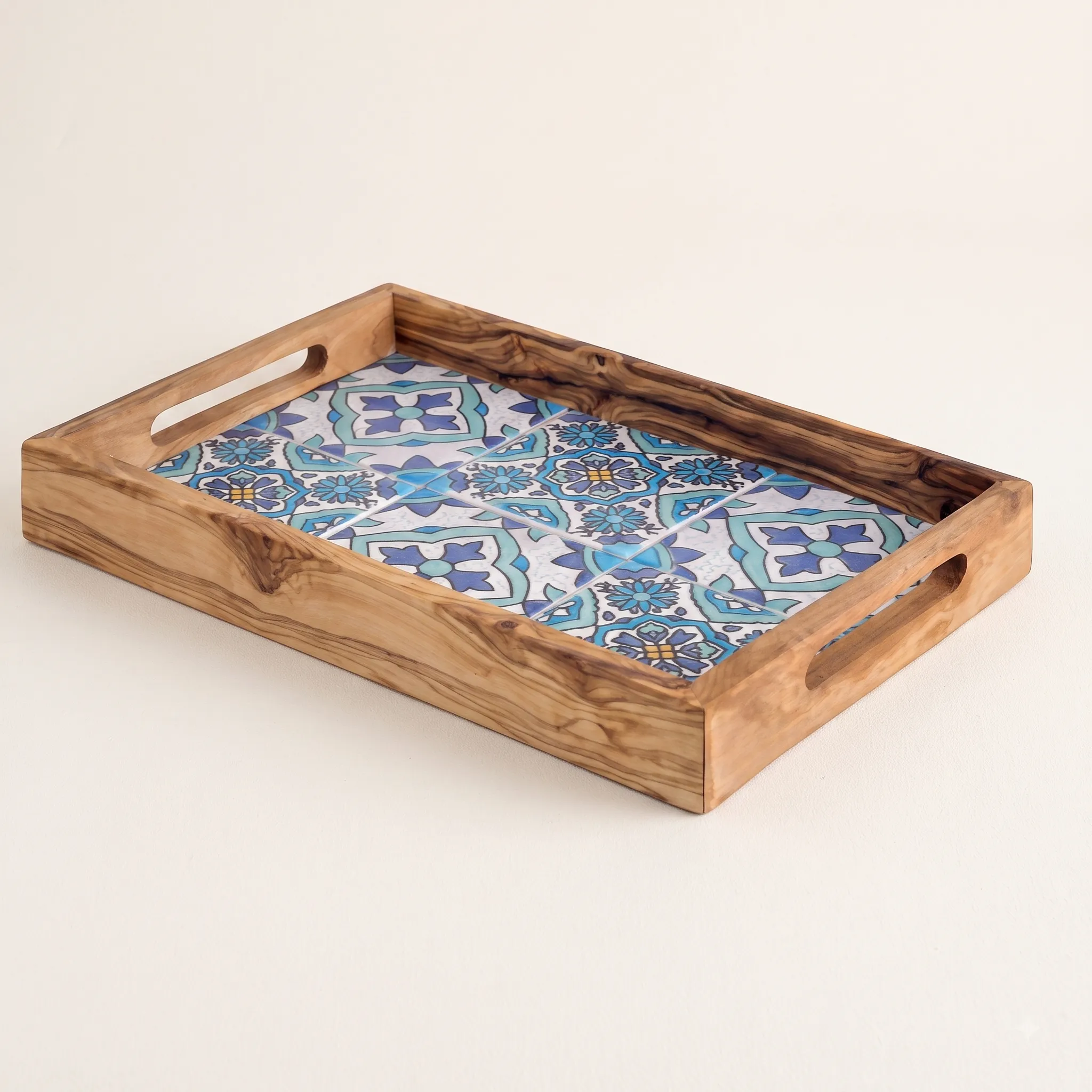 olive wood wood and ceramic rectangular tray with handles