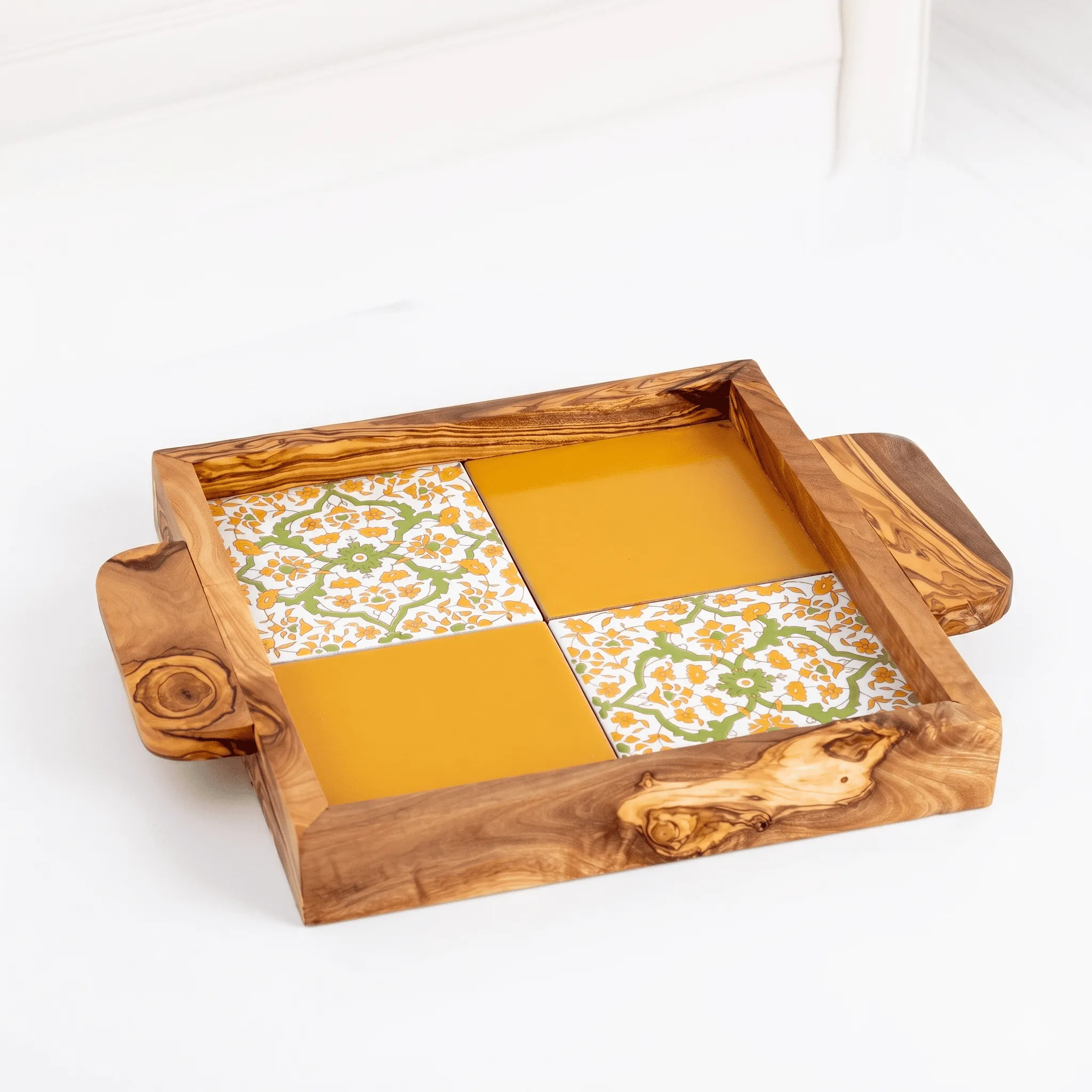 olive wood wood and ceramic square tray