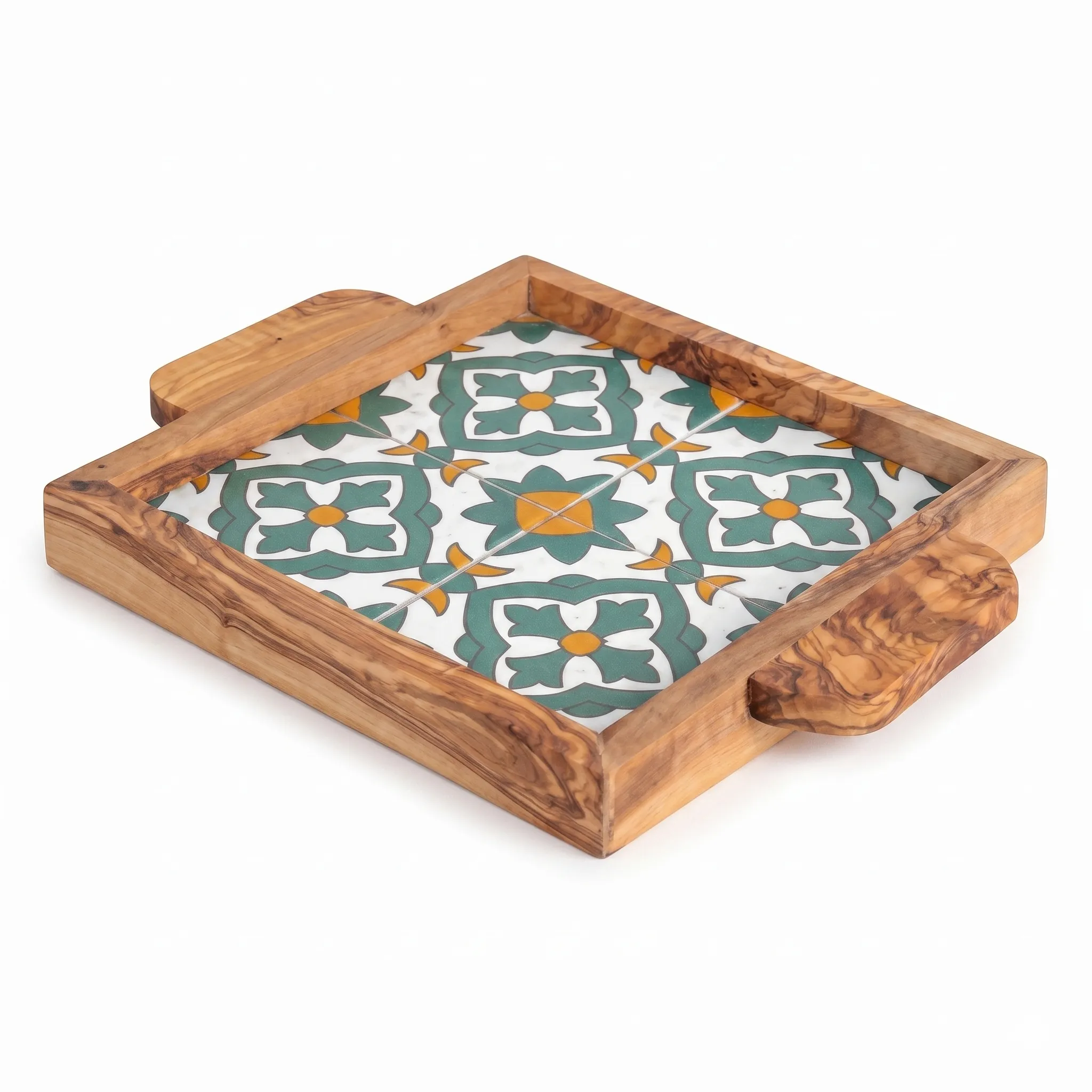 olive wood wood and ceramic square tray