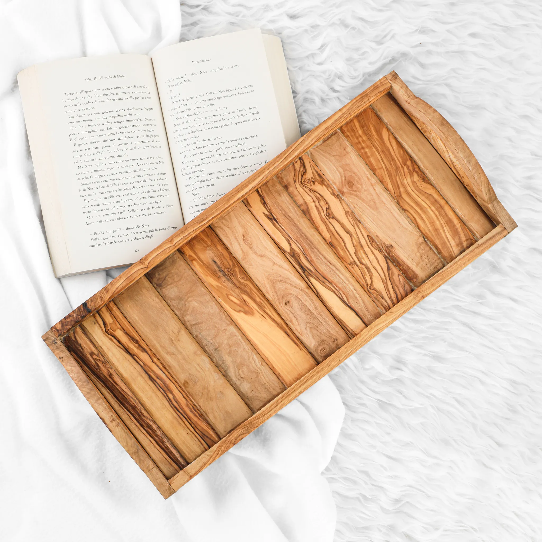 olive wood rectangular serving tray with round handles