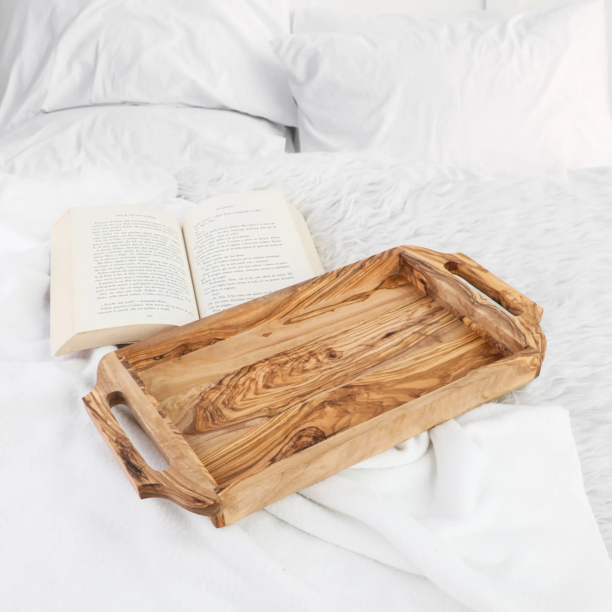 olive wood rectangular serving tray with square handles