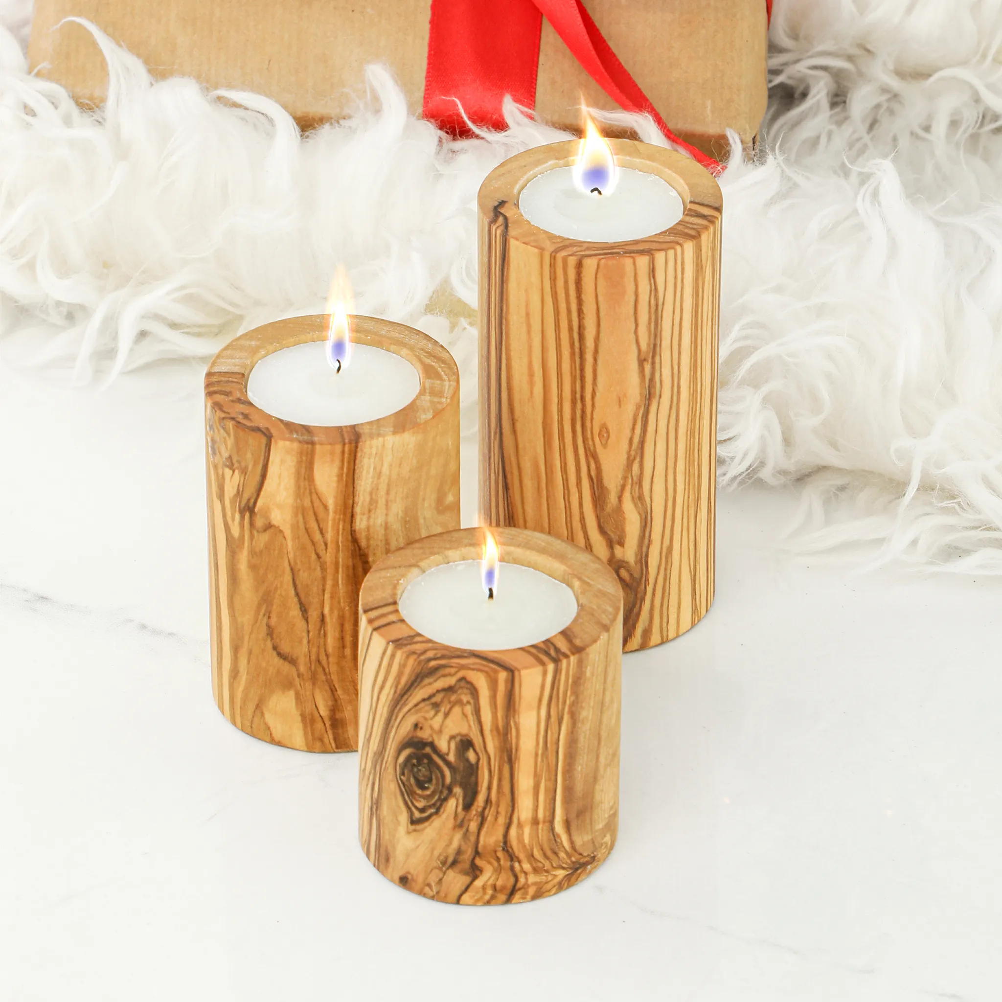 olive wood cylindrical shape candle holders