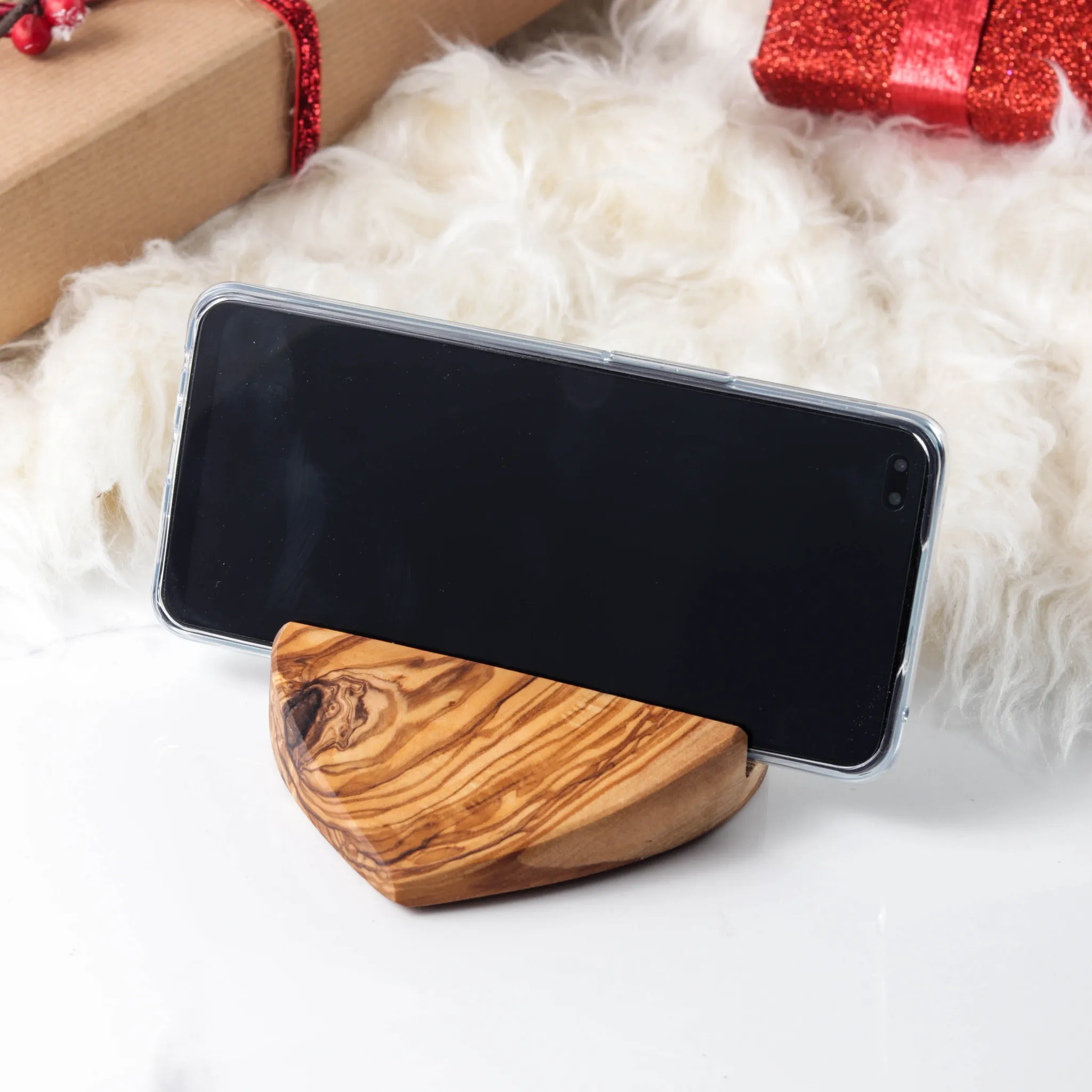 olive wood heart shape phone holder