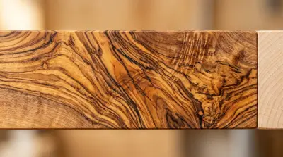 A planed olive wood beam seen face-on, its surface covered in swirling dark heartwood streaks over pale gold, with lighter sapwood at one end