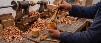 A craftsman brushing oil onto a freshly turned olive wood pot at the lathe, shavings across the bench