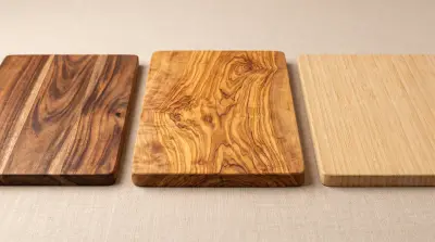 Three chopping boards side by side on linen: dark acacia, figured olive wood and pale bamboo