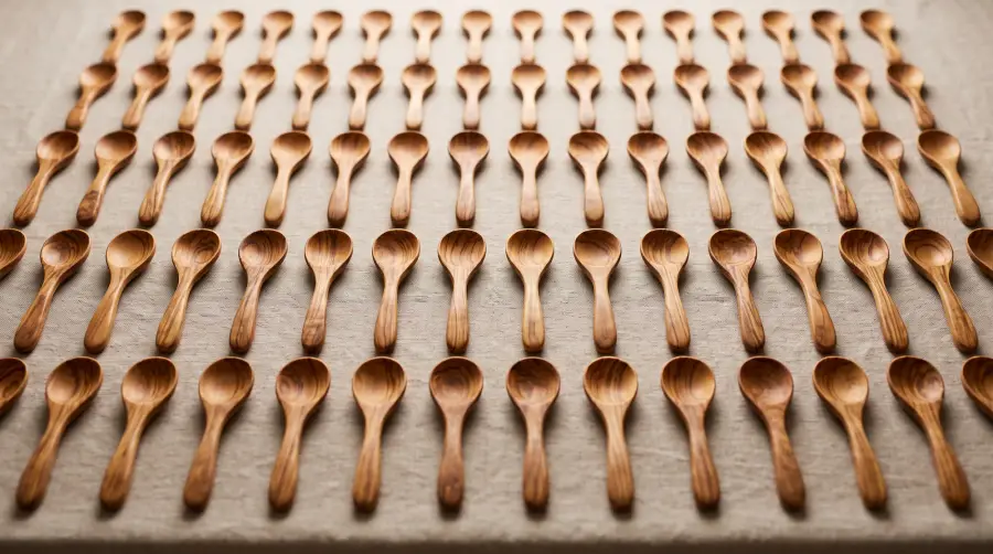 Rows of identical olive wood spoons laid out on linen as a single production batch