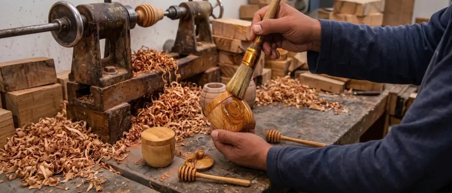 A craftsman brushing oil onto a freshly turned olive wood pot at the lathe, shavings across the bench