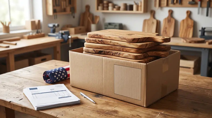 Olive wood cutting boards packed into an export carton beside a rolled United States flag and a sheaf of paperwork