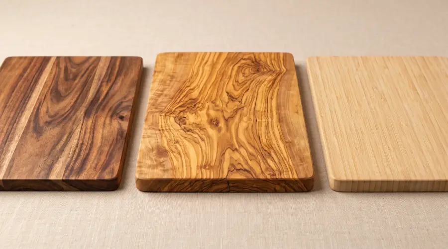 Three chopping boards side by side on linen: dark acacia, figured olive wood and pale bamboo