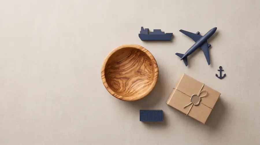 An olive wood bowl photographed from above with a model ship, aeroplane, shipping container and a tied parcel